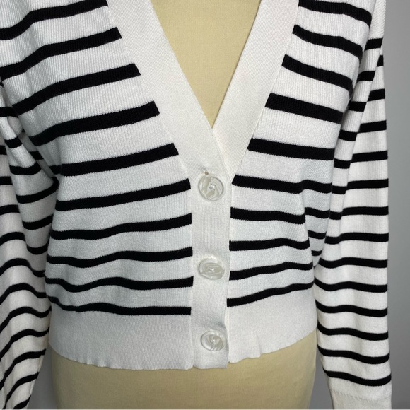 Loft White and Black Striped Button Front Long Sleeve Cardigan Sweater - Picture 6 of 10